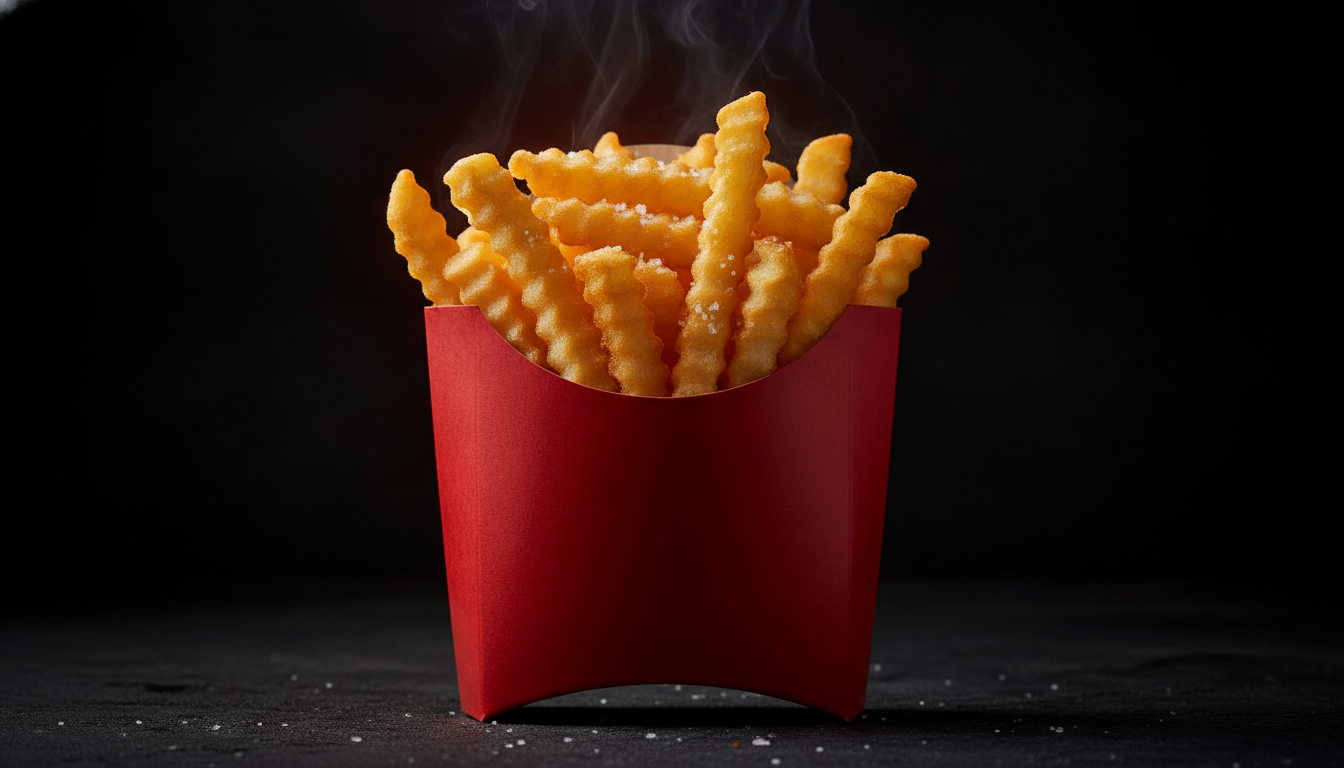 Steaming crinkle-cut fries in a red carton on a dark table